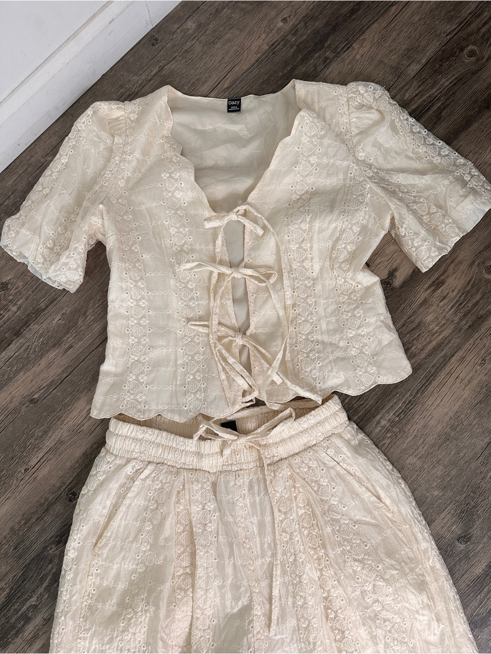 Cream Eyelet Tie-Front Top and Skirt Set